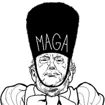 A huffy Donald Trump wearing the Russian fur hat that Vladimir Putin gave him.