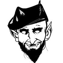 A smiling Mephistopheles wearing a black beret.